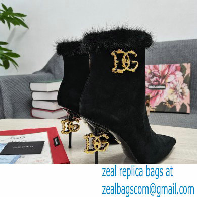 Dolce  &  Gabbana Mink Fur Thin Heel 10.5cm Leather Ankle Boots Suede Black with Baroque DG Heel 2021